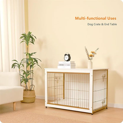 DWANTON Dog Crate Furniture with Cushion, Wooden Dog Crate Table, Double Doors Dog Furniture, Indoor Dog Kennel, Dog House, Dog Cage Large, 38.5" L, White