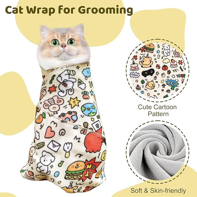 Cat Wrap for Grooming, Self-Adhesive Cat Swaddle Wrap with Nail Clipper, Soft Calming Pet Blanket Anti-Escape Grooming Bag for Cats and Dogs Up to 11lbs (Animal 1)