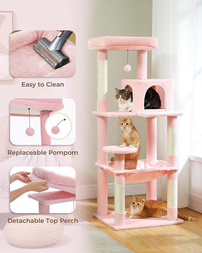 Cat Tree for Large Cats Adult with Metal Plush Big Hammock, 56.3" Cat Tower with 2 Door Condo House, 6-Tier Cat Shelves with Scratching Posts and Large Top Perch, Light Pink