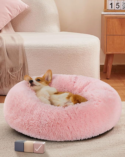 OhGeni Calming Donut Dog & Cat Bed Pillow, Machine Washable Plush Warming Bed, Anti-Slip Round Cuddle Comfort Pet Bed, Pillow Design Cozy Fluffy Faux Fur Bed for Small Medium Dogs, Pink, 23 inches