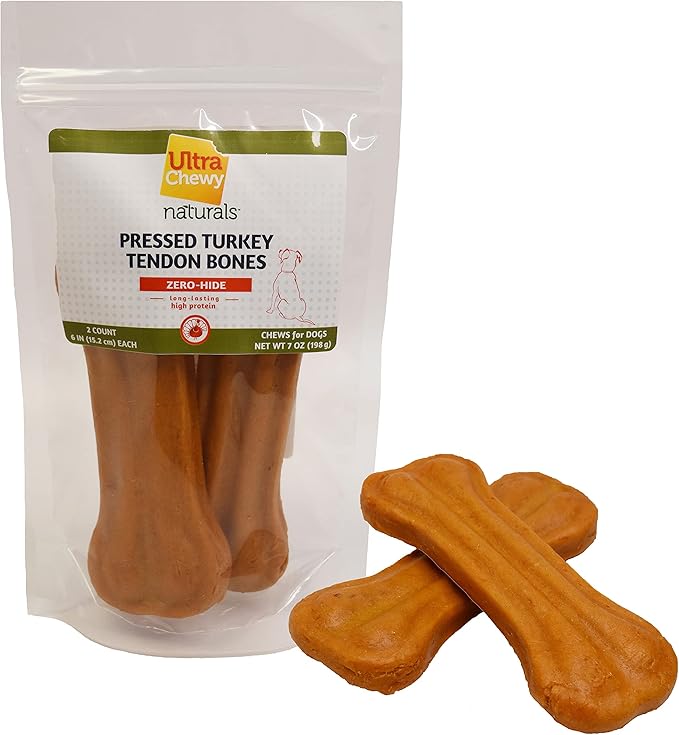 Ultra Chewy Turkey Tendon Pressed Bones for Dogs - Premium All-Natural, Hypoallergenic, Long-Lasting Dog Chew Treat, Easy to Digest, Ingredient Sourced from USA (6 Inches - 2 Pack)