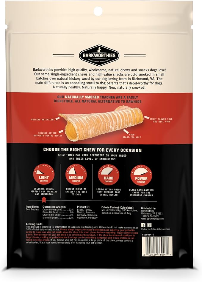 Barkworthies USA Hickory Smoked Beef Trachea 6-inch 3-Pack - Amazing Aroma, Great Taste - Natural Source of Glucosamine & Chondroitin for Hip & Joint Health, High-Protein - Natural Smoked Dog Chews