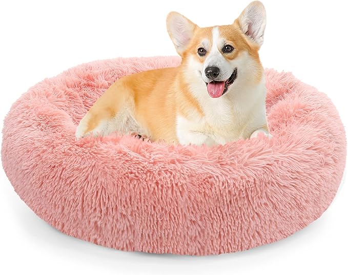 NOYAL Calming Donut Dog Bed for Small to Medium Dogs & Cats - Plush Faux Fur Anti-Anxiety Pet Bed with Machine Washable Cover & Non-Slip Base