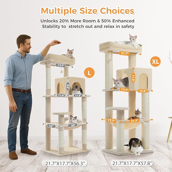 PETEPELA Cat Tree for Large Cats up to 30 lbs, 58" Heavy Duty Cat Tower with Reinforced Scratching Posts[ φ3.9”], Large Hammock, Spacious Condo & Top Perch, Sturdy Cat Furniture for Maine Coons, Beige