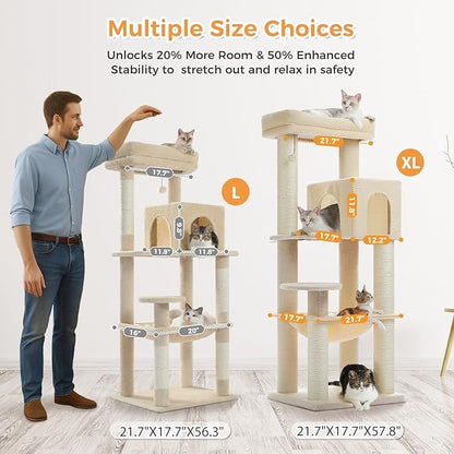 PETEPELA Cat Tree for Large Cats up to 30 lbs, 58" Heavy Duty Cat Tower with Reinforced Scratching Posts[ φ3.9”], Large Hammock, Spacious Condo & Top Perch, Sturdy Cat Furniture for Maine Coons, Beige