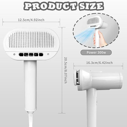 2-in-1 Pet Grooming Dryer and Brush - Overheating Protection, 3 Blowing Modes, Low Noise - Ideal for Small and Medium Dogs/Cats - Slim Handle (White)