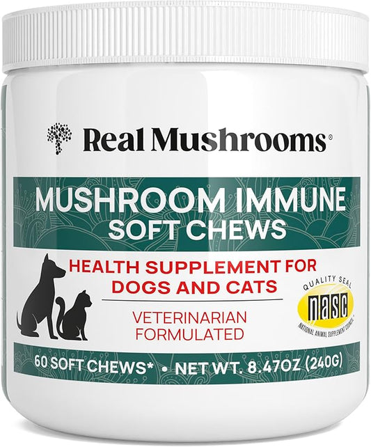 Real Mushroom Immune Pet Chews  For Daily Digestive & Immune Health  Mushrooms for Dogs & Cats Functional Treat  Mushroom Supplement for Dogs & Cats  1 to 4 Chews For All Breeds & Sizes (60 Count)
