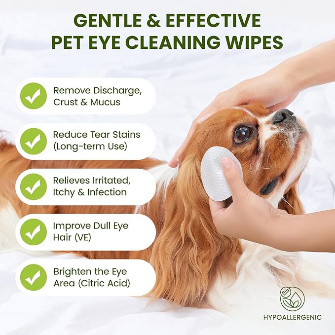 Eye Wipes for Dogs & Cats, Hypoallergenic Dog Eye Wipes Cleaner, Natural Cleaning Grooming Pet Wipes Gently Remove Tear Stain, Eye Debris, Discharge, Mucus, Non-Irritating, Unscent, 100 PCS