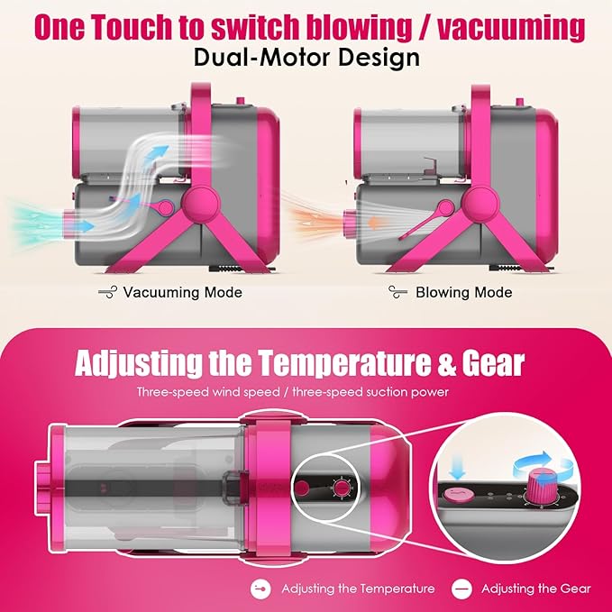 Dog Hair Vacuum / Blow Dryer One-Touch Switch, Dual-Motor Pet Grooming Kit For Shedding With Expandable Dust Cup, 8 Grooming Tools - Dog Vacuum Clipper Trimmer Nail Grinder Slicker Brush (Rose Red)