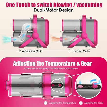 Dog Hair Vacuum / Blow Dryer One-Touch Switch, Dual-Motor Pet Grooming Kit For Shedding With Expandable Dust Cup, 8 Grooming Tools - Dog Vacuum Clipper Trimmer Nail Grinder Slicker Brush (Rose Red)