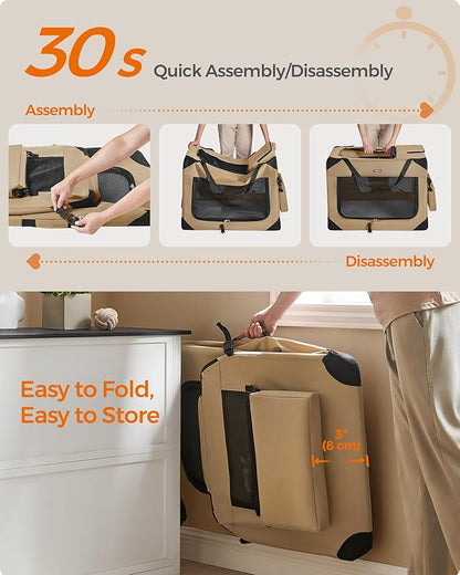 Feandrea 36 Inches Collapsible Soft Dog Crate, Portable Travel Dog Crate for Indoor and Outdoor Use, Dog Carrier Kennel with Safety Zippers, for Living Room, Car, Travelling,Camel Brown UPDC090K01