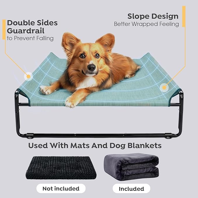 Veehoo Large Elevated Dog Bed with Flannel Dog Blanket, Outdoor Guardrail Raised Pet Cot for Extra Large Dogs, Anti-Slip Camping Dog Hammock Bed, Breathable Teslin Mesh Fabric, XXL, CWC2201B