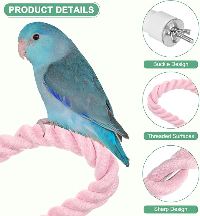 2-Pack Rope Perches for Bird Cages, 23.6 in Length Comfort Grip Flexible Rope Perch Beak & Paw Grinding for Parrots/Cockatiels/Parakeets, Bird Platform Sand [Pink]