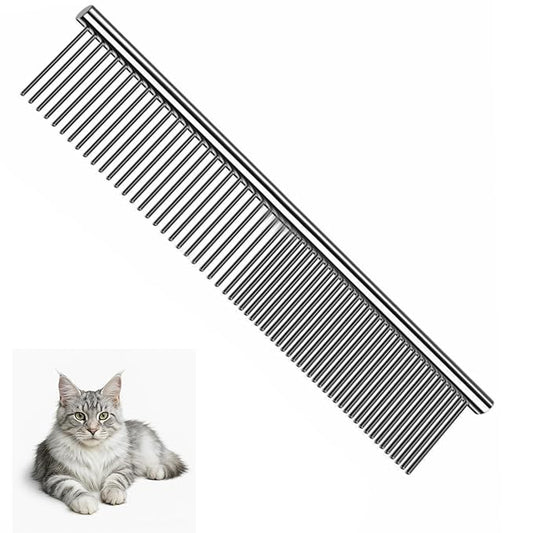 Dog Comb and Cat Combs Stainless Steel Teeth, Grooming Tool for Long & Short Hair, Dematting Comb for Dogs, Removes Tangles & Knots (Large Silver)