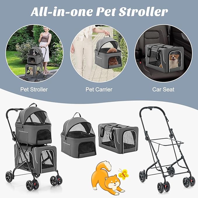 Double Dog Stroller, Foldable 3-in-1 Cat Stroller with 2 Detachable Carriers, Safety Belt, Washable Cover, Removable Pads, 4 Wheels Travel Pet Stroller for Small Medium Dogs (Grey)