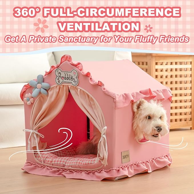 Jiupety Indoor Dog House with Frame, Cute Dog Tent Bed with Cover Cave, Breathable, Washable, and Foldable House, Suitable for 10-20 Lb Puppy and Cats, Medium (17"×17"×17"), Pink