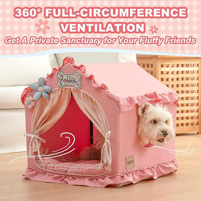 Jiupety Indoor Dog House with Frame, Cute Dog Tent Bed with Cover Cave, Breathable, Washable, and Foldable House, Suitable for 10-20 Lb Puppy and Cats, Medium (17"×17"×17"), Pink