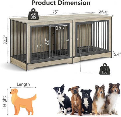 Rovibek 75 Inch Dog Crate Furniture for 2 Dogs, Wooden Dog Cage Furniture, Decorative Dog Kennels with Double Doors, Double Dog Kennel Furniture, Dog Crate TV Stand for Large Dogs, Grey