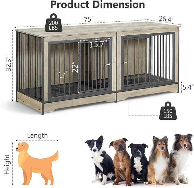 Rovibek 75 Inch Double Dog Crate Furniture with Double Doors, Removable Divider for Large Medium Dogs, Grey