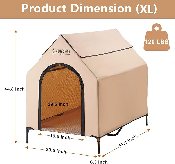 51" Extra Large Dog Houses with Removable Cover, XL Dog Shelters for Outside Large Dogs, Elevated Dog House with Door, Covered Elevated Dog Cooling Bed