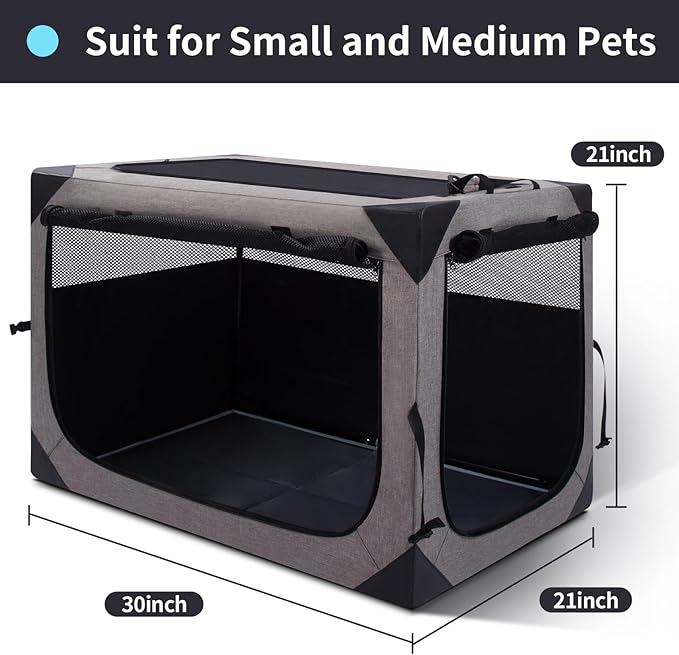 30 Inch Portable Travel Dog Crate, 3 Door Collapsible Soft Pet Kennel with Durable Mesh Windows for Medium Dogs, Foldable Dog Cage with Storage Pocket for Outdoor (Light Grey)