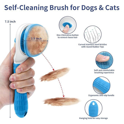 5 in 1 Dog Grooming Kit - Self-Cleaning Slicker Brush for Shedding Short Long Haired Dogs & Cats, Includes Pet Comb, Flea Comb, Bath Brush, Undercoat Rake - Complete Fur Care Set - Blue