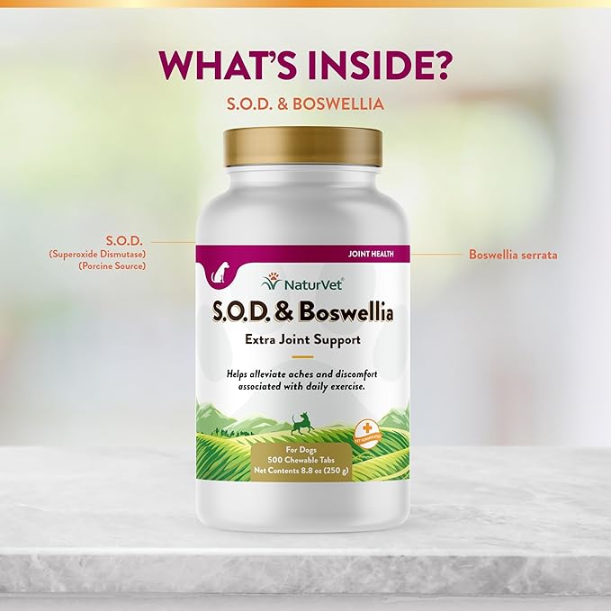NaturVet S.O.D. & Boswellia Extra Joint Support Dog Supplement  Dog Hip Supplement  Helps Alleviate Aches, Pain  for Dog Flexibility, Healthy Joint Function  500 Ct. Chewable Tablets