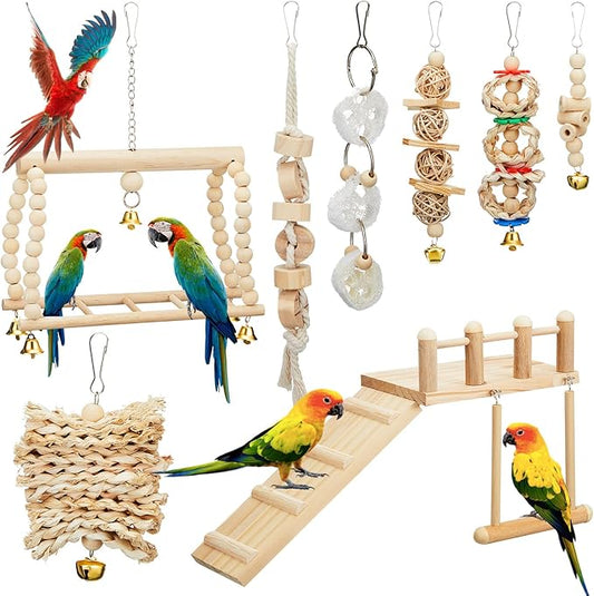10 Pcs Parrot Swing Toys and Bird Perches Platform with Climbing Ladder Chewing Standing Hanging Parakeet Toys Bird Cage Accessories for Budgerigar Conure Cockatiel