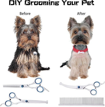 Dog Grooming Scissors for Dogs with Safety Round Tips, 5 in 1 Dog Scissors for Grooming, Professional Curved Pet Grooming Shears Set for Dogs and Cats