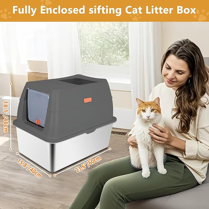 ELEGX Pine Litter Sifting Cat Litter Box, 4-in-1 Cat Metal Litter Box Set,Enclosed Removable Metal Litter Box with Screen Mesh,High Sided Enclosure,Mat & Scoop (Deep Grey)