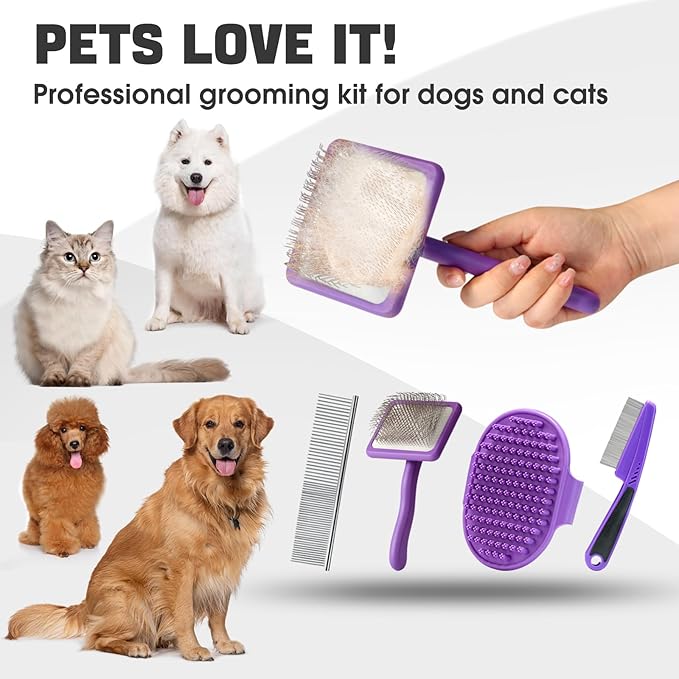 Dog Slicker Brush for Dogs Grooming Kit 4PCS | Large Dog Brush for Goldendoodles Poodles Doodles | Long Pin Haired Brush | Dog Bath Brushes Flea Comb(Purple)