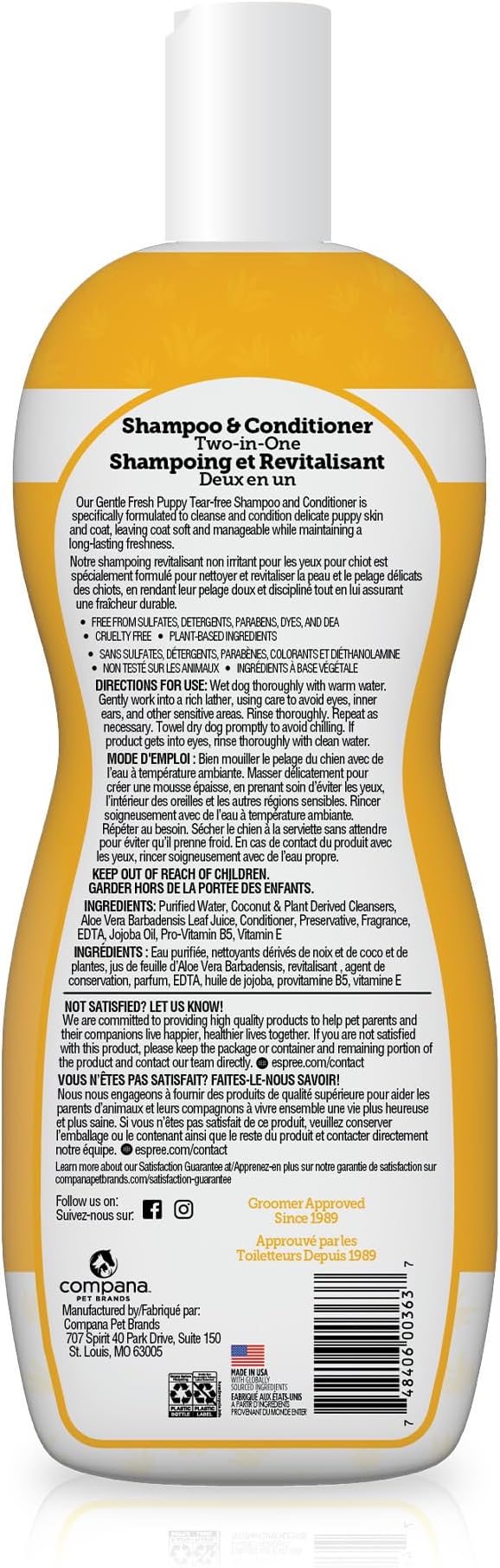 Espree Gentle Fresh Puppy Shampoo & Conditioner, Tearless Formula with Aloe Vera, Sulfate-Free, Paraben-Free, Harsh Chemical and Dye-Free, Safe for Dogs with Sensitive Skin, 20oz