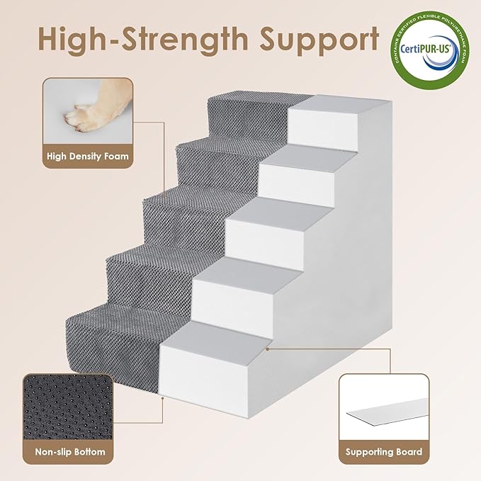 EHEYCIGA Dog Stairs for High Bed 25”H, 5-Step Extra Wide Dog Steps for Bed, Pet Steps for Small Dogs and Cats, Non-Slip Balanced Dog Indoor Ramp, Grey