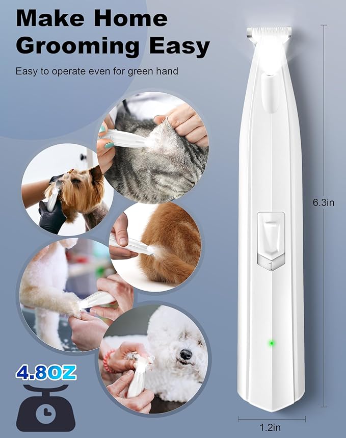 Dog Paw Trimmer for Grooming, Cordless Electric Dog Clippers with LED Light, Rechargeable Low Noise Small Pet Shaver for Trimming Cat's Hair Around Eyes, Faces, Ears, Paws, Rump(White)