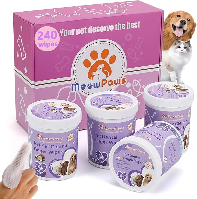 Dog Teeth Cleaning Wipes and Ear Wipes 240 Counts Gift Packaging, Pet Dental Finger Wipes for Dogs and Pet Ear Cleaner Finger Wipes, Gently Remove Ear Wax and Reduces Plaque, Freshen Breath