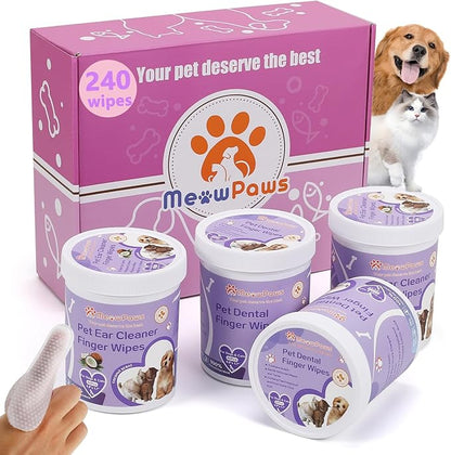 Dog Teeth Cleaning Wipes and Ear Wipes 240 Counts Gift Packaging, Pet Dental Finger Wipes for Dogs and Pet Ear Cleaner Finger Wipes, Gently Remove Ear Wax and Reduces Plaque, Freshen Breath