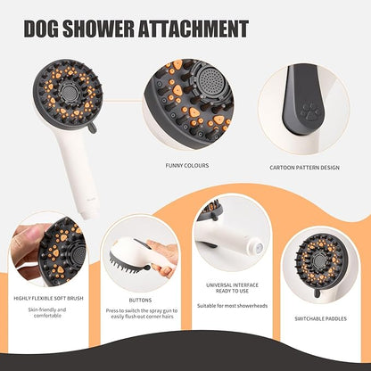Dog Shower Brush with Massage Function & High Pressure Hose (6.6ft), Handheld Pet Bath Sprayer, No Drill Wall-Mount Holder, 3 Spray Modes for Tough Stain Removal & Grooming