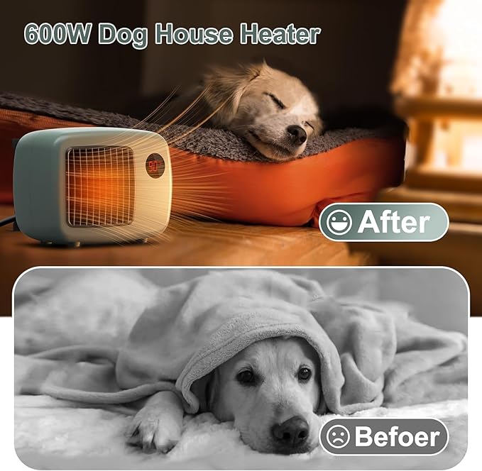 Dog House Heater for Outdoor & Indoor Use - 600W/300W Safe & Efficient Heating for Pet Houses, Chicken Coops, Rabbit Hutches - Wall-Mounted Design with Overheat Protection & Anti-Chew Cord (grey)