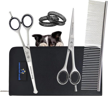Dog Grooming Scissor Set, 5 in 1 5pcs Leather Shears Case a comb with Ball Tip Scissor for Safety & 5.5 In Grooming Scissor along with 6 pcs Black Silicone Scissor Ring Insert