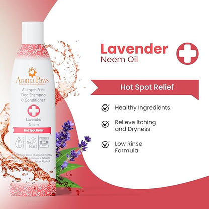 Dog Shampoo and Conditioner - Tearless Shampoo for Cleansing, Grooming, and Conditioning - Hot Spot Treatment Shampoo for Dogs and Puppies - Lavender and Neem 13.5 oz