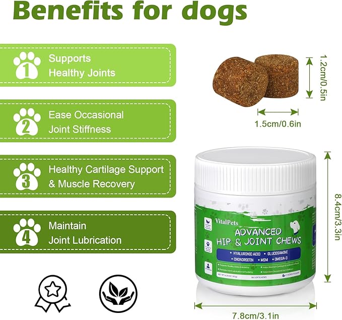 Advanced Hip and Joint Supplements for Dogs Joint Pain Relief with Glucosamine, Chondroitin, MSM, Vitamins C, 90 Soft Chews, Chicken Flavor