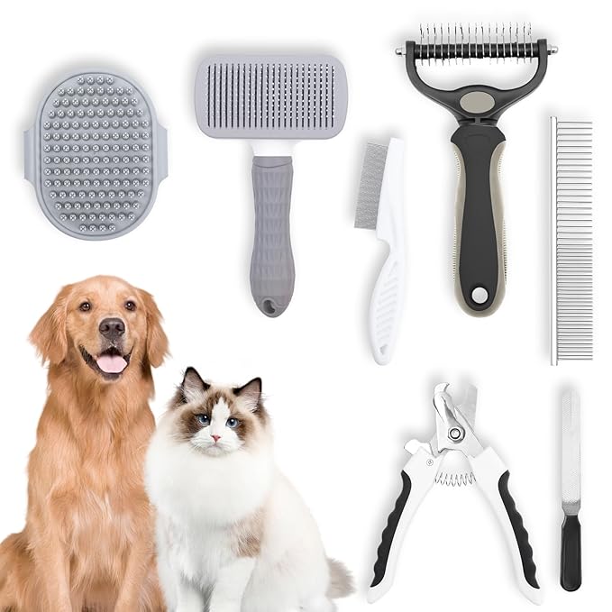 Dog Grooming Kit, Includes 7PCS Deshedding Brush, Pin Brush, Flea Comb, Metal Comb, Bath Brush, Nail Clipper and File, for Small, Medium and Large Dogs (Grey)