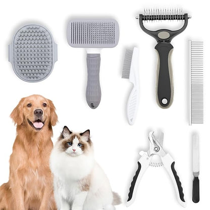Dog Grooming Kit, Includes 7PCS Deshedding Brush, Pin Brush, Flea Comb, Metal Comb, Bath Brush, Nail Clipper and File, for Small, Medium and Large Dogs (Grey)