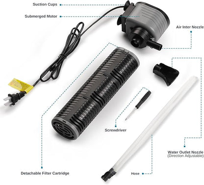 SainSmart XpertMatic 45W Aquarium Filter, Submersible Fish Tank Filter Water Pump for Up to 220 Gallon Fish Tank, 3 Stages 792 GPH Biochemical Sponge Filter, for Aquarium Filtration/Oxygenation