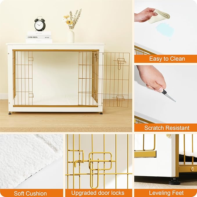 DWANTON Dog Crate Furniture with Cushion, Wooden Dog Crate Table, Double Doors Dog Furniture, Indoor Dog Kennel, Dog House, Dog Cage Large, 38.5" L, White