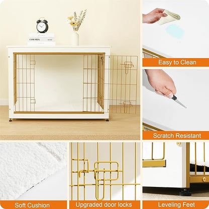 DWANTON Dog Crate Furniture with Cushion, Wooden Kennel Table with Double Doors, Indoor Dog House, Large Size, 38.5" L, White