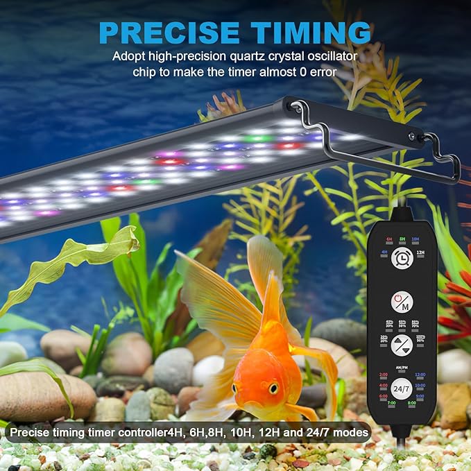 SEAOURA 24/7 Mode Led Aquarium Light for Plants Growth-Full Spectrum Fish Tank Light with Timer, Auto On/Off, 7 Colors, Adjustable Brightness, 14W for 12 to 18 Inch Freshwater Tank