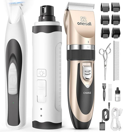 oneisall Dog Clipper Low Noise, Dog Grooming Kit with Rechargeable Quiet Dog Trimmer for Paws Dog Nail Grinder Paw Trimmer with 2 LED Lights