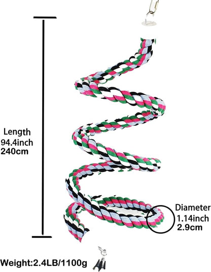 94.4inch Length Colorful Cotton Bendable Rope Perch Swing Bird Chew Toys Amazon Parrots Cage Toys with Bell Swing Climbing Standing Bungee Bird Toys for Regular to Big Size Birds