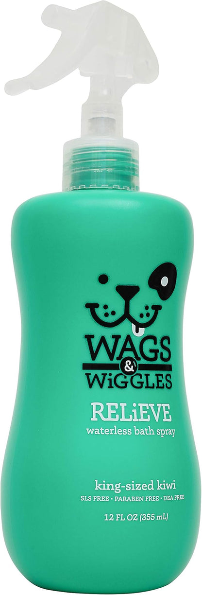 Wags & Wiggles Relieve Anti-Itch Spray for Dogs | Waterless Dry Shampoo for Dogs with Dry, Itchy, Or Sensitive Skin | Kiwi Scent Your Dog Will Love, Anti-Itch Spray - Kiwi, 12 Ounces - 4 Pack